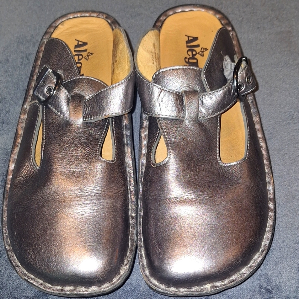 Alegria clog style shoe. Sz 39/9. Pewter/ shiny color.